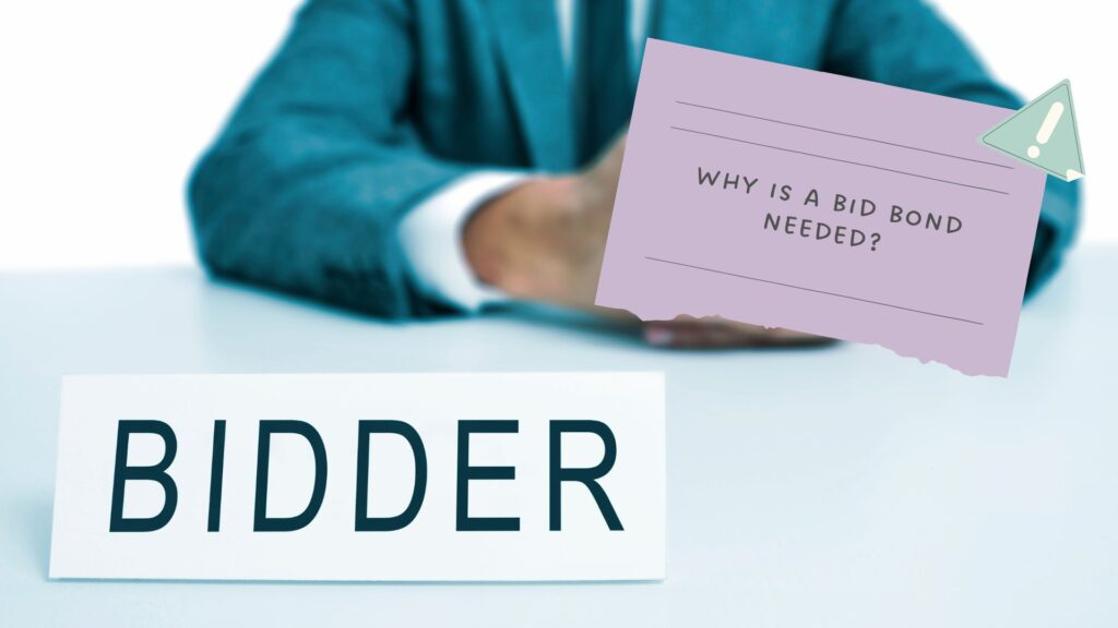 Why is a bid bond needed? - A man wearing a suit sitting in a desk with a desktop nameplate in front of him with the word bidder.